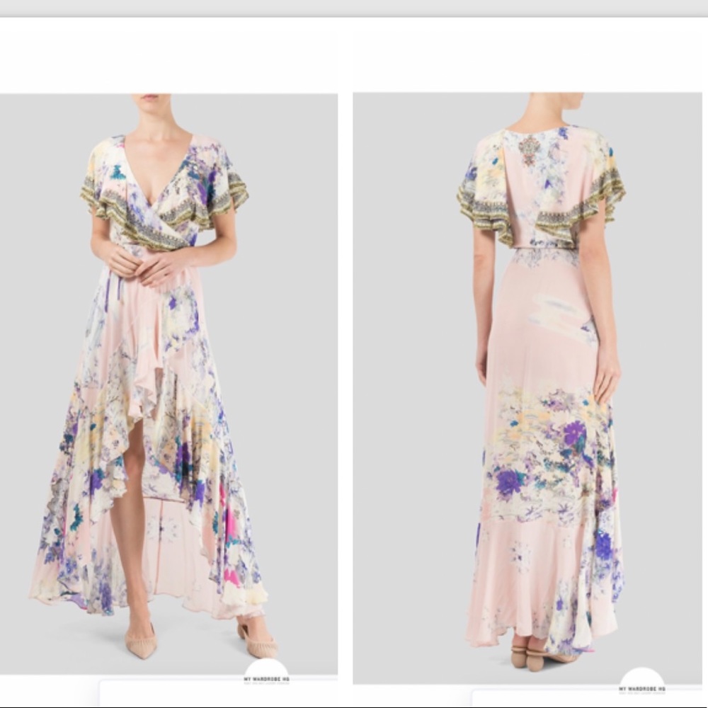 CAMILLA *Harajuku Heiress* pink floral silk ruffle hi low wrap dress gown XS